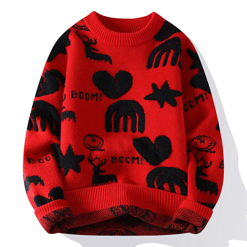 Christmas Print Knitted Sweater Men Vintage Knitwear Sweater Jacquard Thick Warm Korean Crewneck Pullover Male Youth Hipster Red