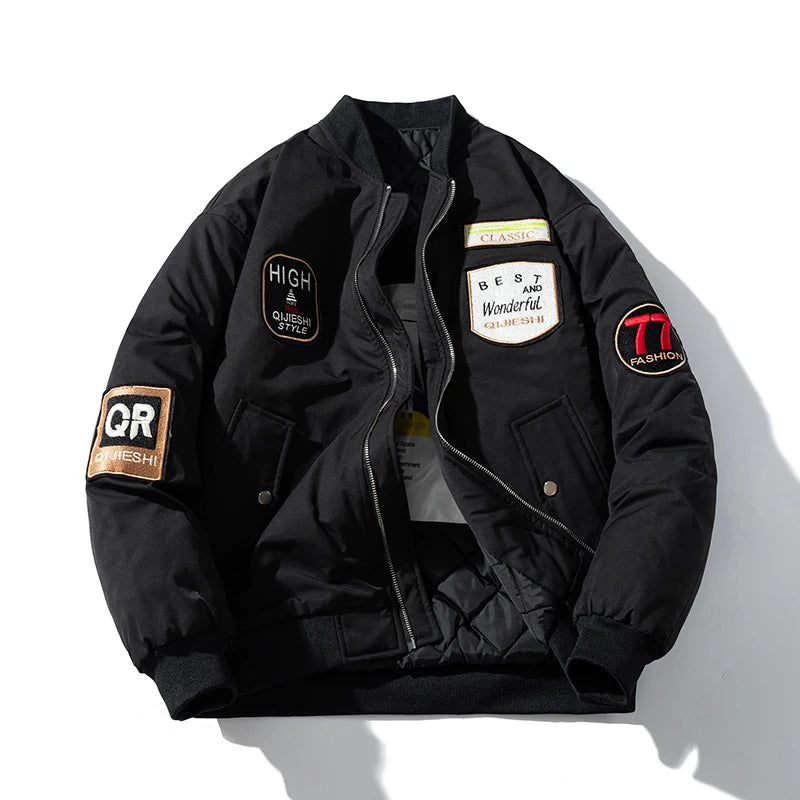 Vintage Bomber Jacket Man Badge Army Pilot Jacket Mens Military Letter American Motorcycle Coat Hooded Winter Parkas Streetwear