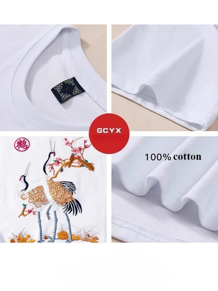 Fashion Crane Embroidery T Shirt Man Chinese Vintage T Shirt Woman Cotton Harajuku  Graphic Tees  Tops Short Sleeve Unisex Male