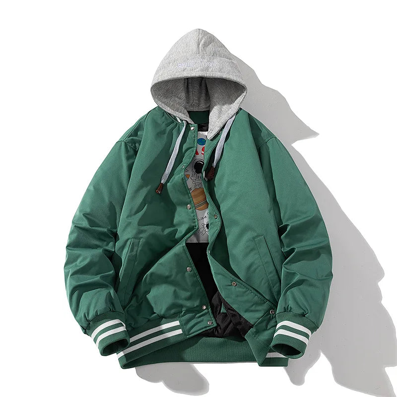 Men Women Varsity Jacket Autumn Winter Solid Color Baseball Jacket Fashion Casual Hooded College Parkas Windbreak Button Blue