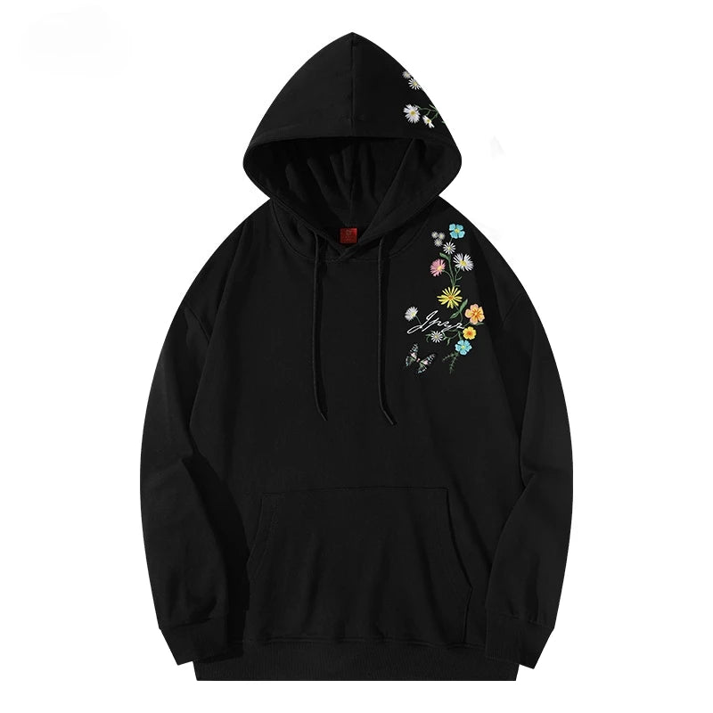 Casual Harajuku Hoodies Man Daisy Butterfly Embroidery Hoodies Women Oversize Hooded Sweatshirts Loose Couple Hoody Pullover
