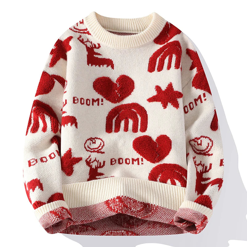 Christmas Print Knitted Sweater Men Vintage Knitwear Sweater Jacquard Thick Warm Korean Crewneck Pullover Male Youth Hipster Red