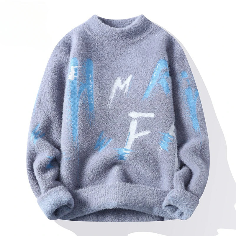 Winter Knitted Sweater Men Letter Fashion Casual Sweater Knitwear Warm Letter Mock Neck Pullover Men Clothing Korean Youth 2023