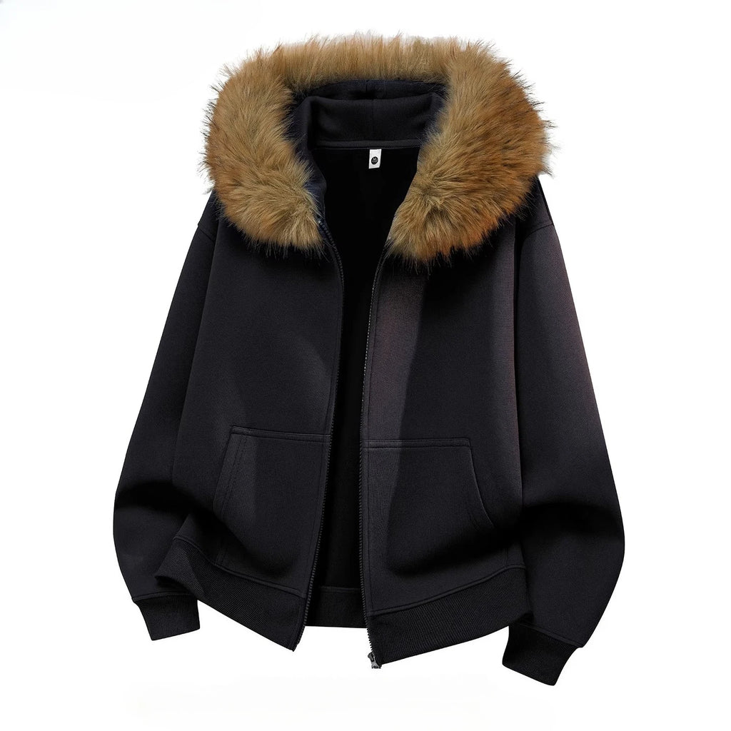 Fashion Hooded Sweatshirt Man Plus Size Fur Collar Casual Sweatshirt Women Zipper Solid Loose Oversize Designer Hoodies 5XL 6XL