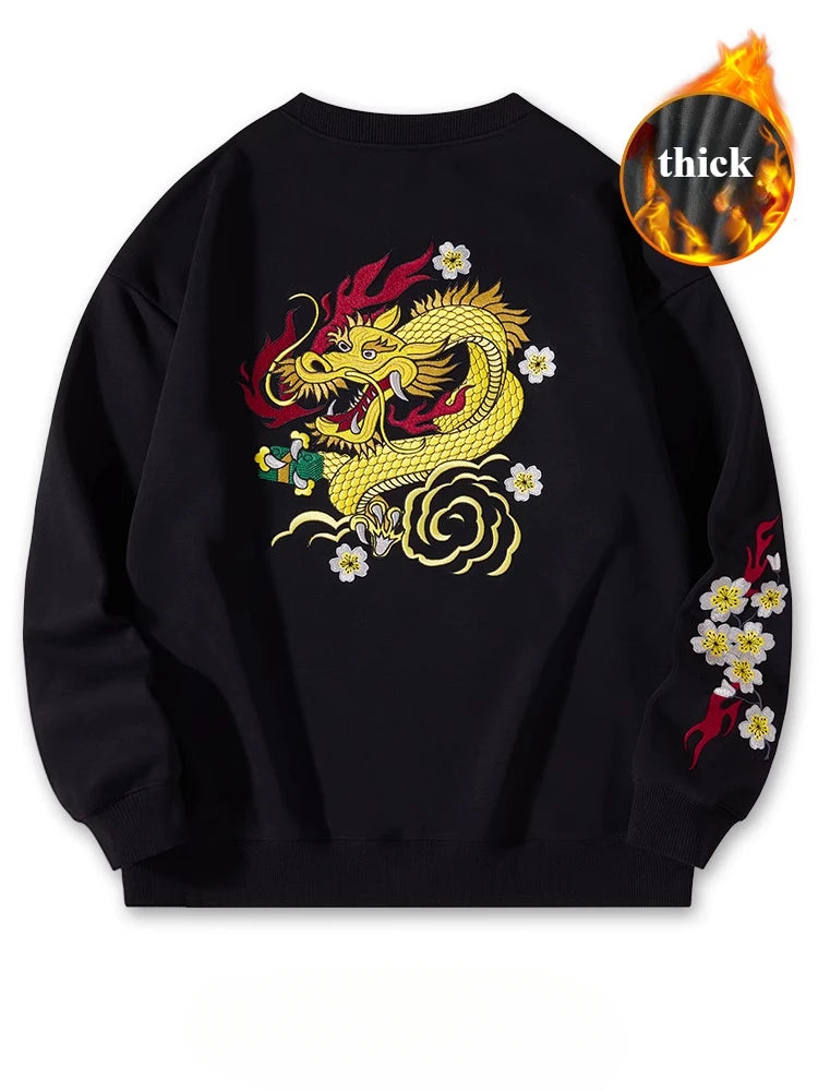 Crewneck Sweatshirt Men Casual Embroidery Hoodies Vintage Chinese Hip Hop Warm Fleece Pullover Cotton Harajuku Streetwear Youth