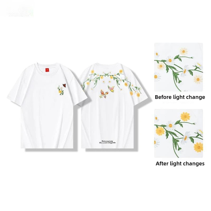 Fashion Men T Shirt Vintage Embroidery T Shirt Women Daisy Hip Hop Tees Shirt Cotton Harajuku Loose Summer Top Flower Butterfly