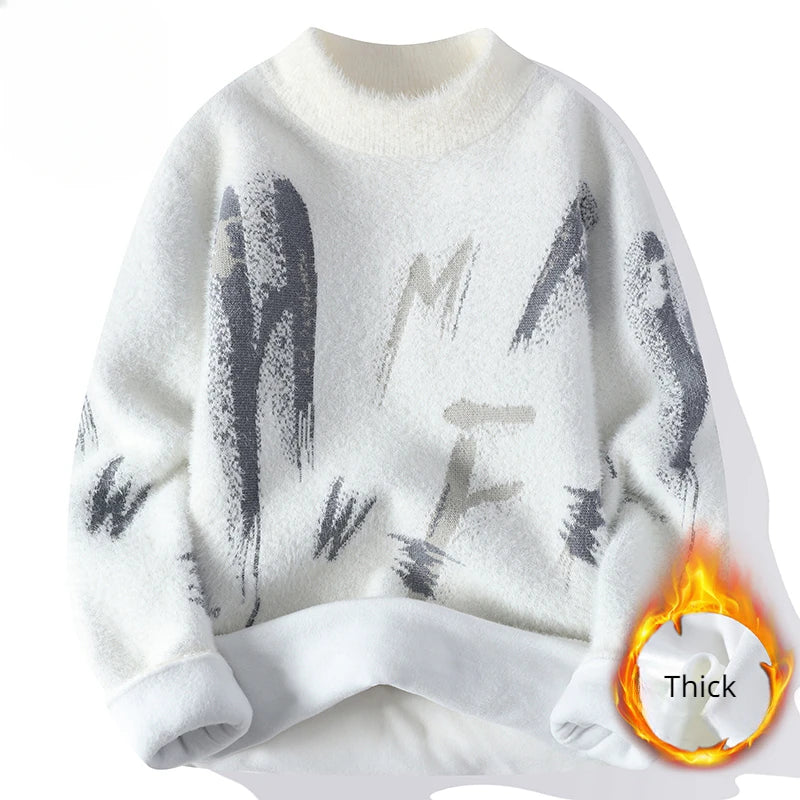 Winter Knitted Sweater Men Letter Fashion Casual Sweater Knitwear Warm Letter Mock Neck Pullover Men Clothing Korean Youth 2023