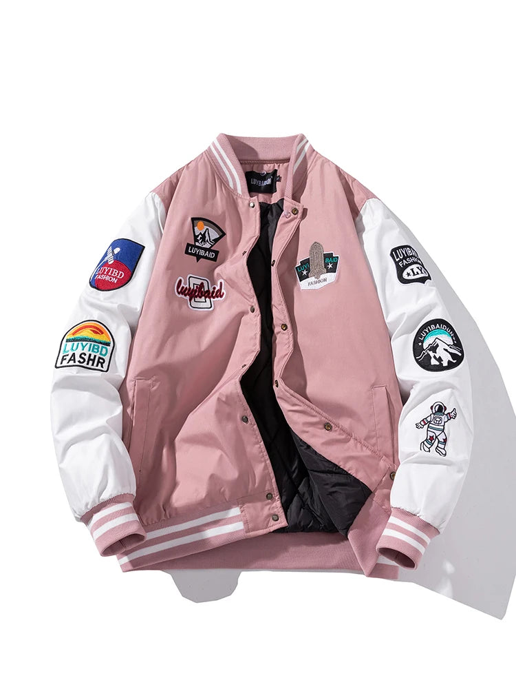 Autumn Winter Varsity Jacket Men Fashion Baseball Jacket Women Embroidery Letter American Coat College Streetwear Button Pink