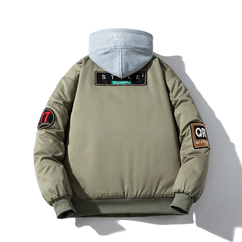Vintage Bomber Jacket Man Badge Army Pilot Jacket Mens Military Letter American Motorcycle Coat Hooded Winter Parkas Streetwear