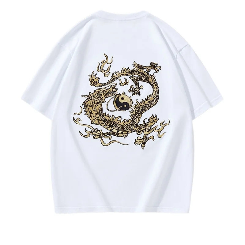 Embroidery T Shirt Men Gold Dragon Graphic T Shirts Man Vintage Hip Hop Chinese Tees Short Sleeve Cotton Casual Summer Tops Male