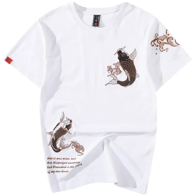 T Shirt Men Chinese Embroidery Cotton T Shirt Men Short Sleeve Fish Casual Loose Breathable Summer Top Harajuku Streetwear Male