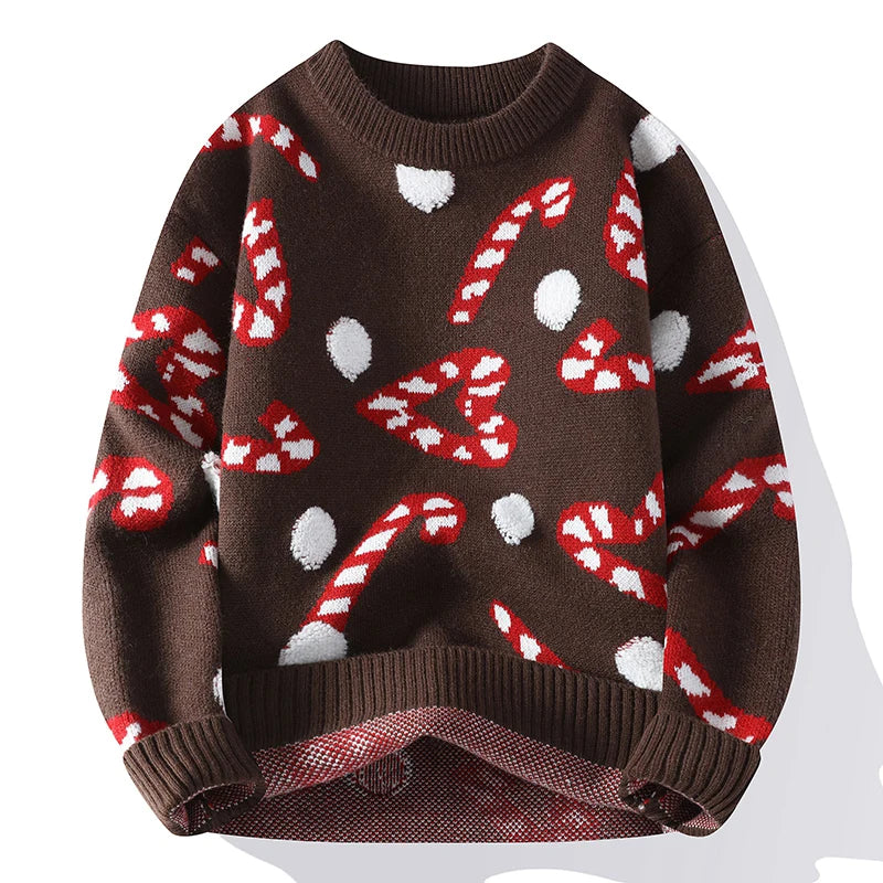Christmas Print Knitted Sweater Men Vintage Knitwear Sweater Jacquard Thick Warm Korean Crewneck Pullover Male Youth Hipster Red