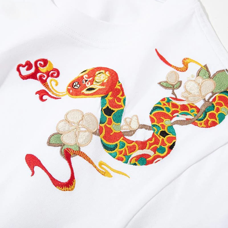 Men Embroidery T Shirt Snake Cotton Fashion T Shirts Oversize Short Sleeve Loose Chinese Tees High Quality Men Clothing Male Red