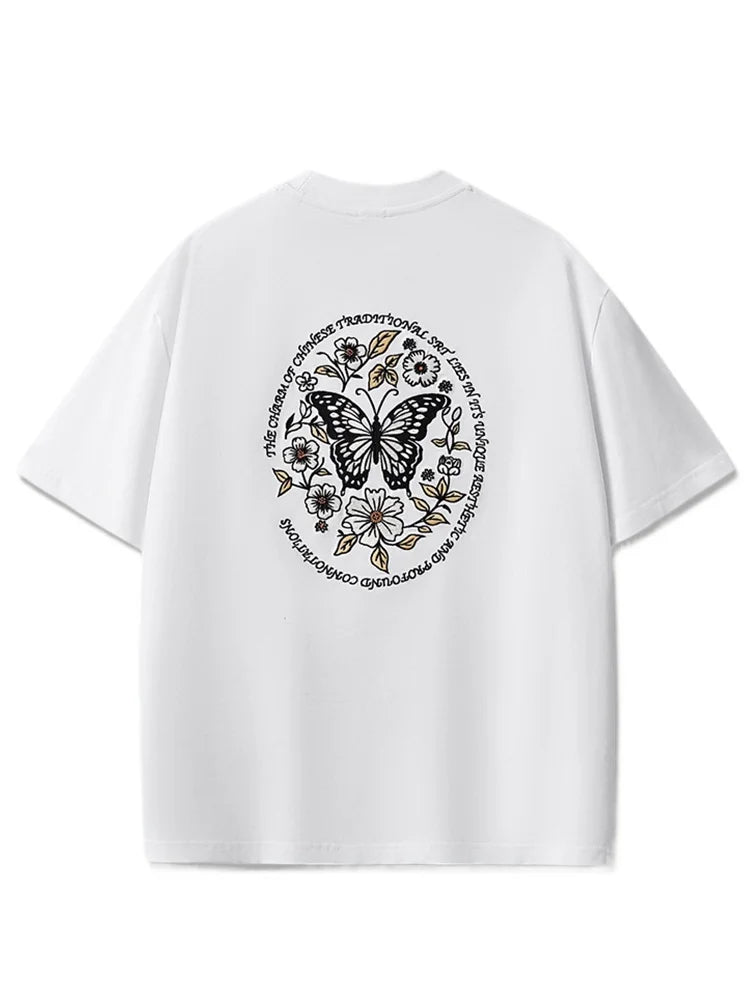 Vintage T Shirt Men Hip Hop Embroidery T Shirt Women Butterfly Letter Cotton Short Sleeve Harajuku Tees Casual Loose Unisex 2025