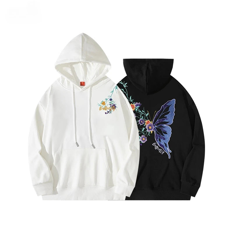 Hip Hop Hoodies Man Butterfly Embroidery Hoodies Women Oversize Hooded Sweatshirt Fashion Flower High Street Fashion Hoody 2025