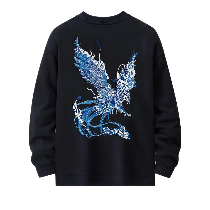 Men Embroidery Hoodies Pullover Phoenix Harajuku Crewneck Sweatshirt Women Cotton Chinese Fashion Streetwear Vintage Hoodies