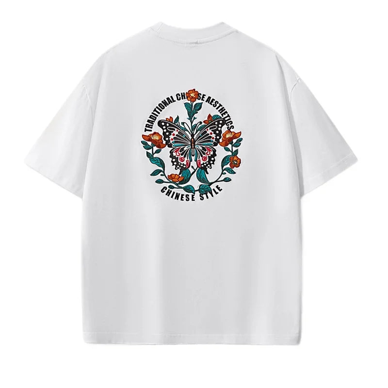 Vintage T Shirt Men Hip Hop Embroidery T Shirt Women Butterfly Letter Cotton Short Sleeve Harajuku Tees Casual Loose Unisex 2025