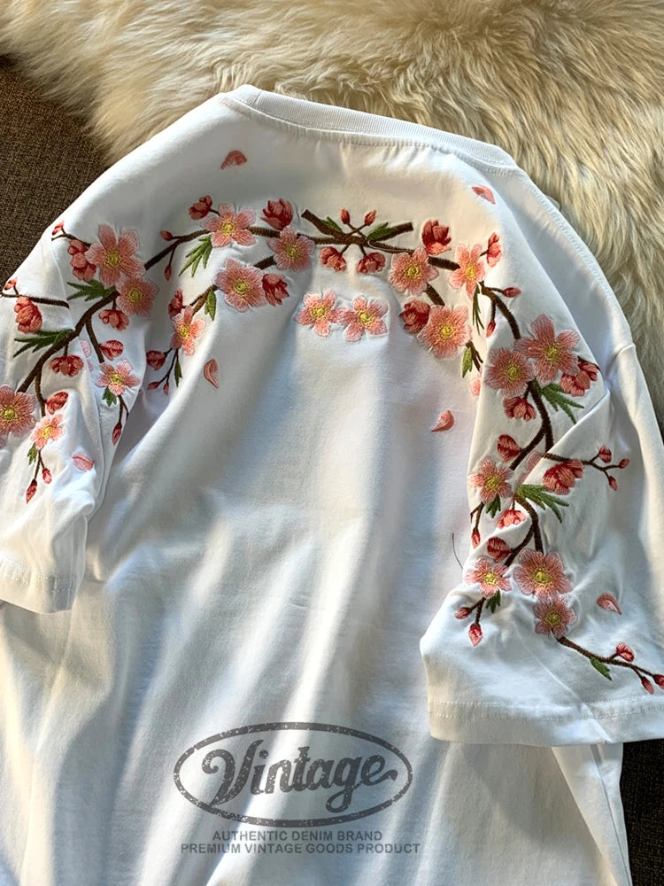 Embroidery T Shirt Man Flower Fashion Harajuku T Shirt Women Cotton Japanese Hip Hop Tees Short Sleeve Streetwear High Quality