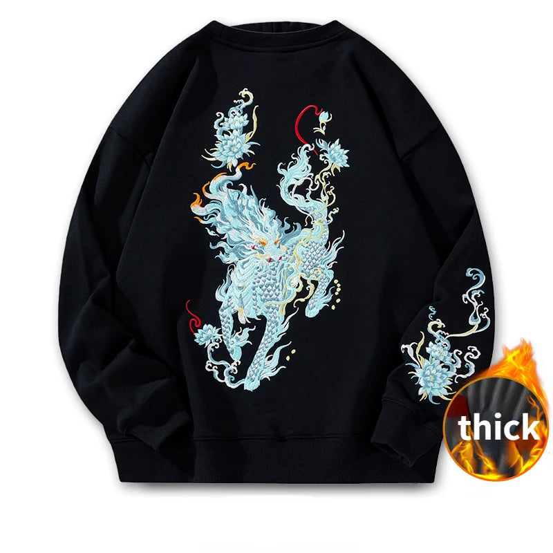 Vintage Hoodies Men Dragon Embroidery Hoodies Women Hip Hop Hooded Sweatshirt Chinese Streetwear Hoody Cotton Fleece Pullover