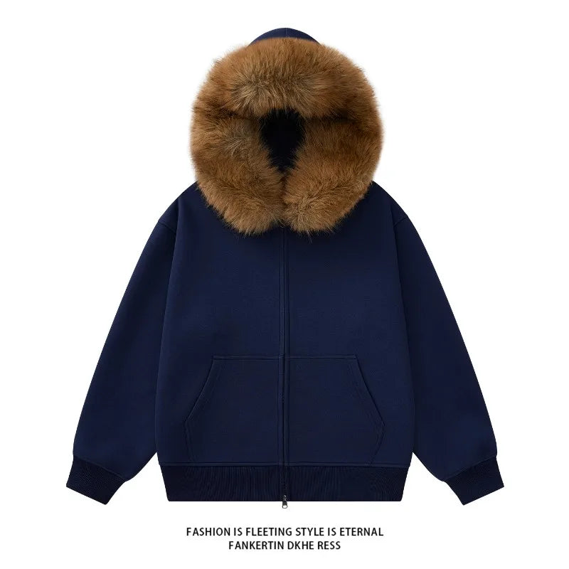 Fashion Hoodie Man Big Size Oversize Hoodies Women Fur Collar Solid Color Hooded Sweatshirt Casual  American Vintage Zipper 2025