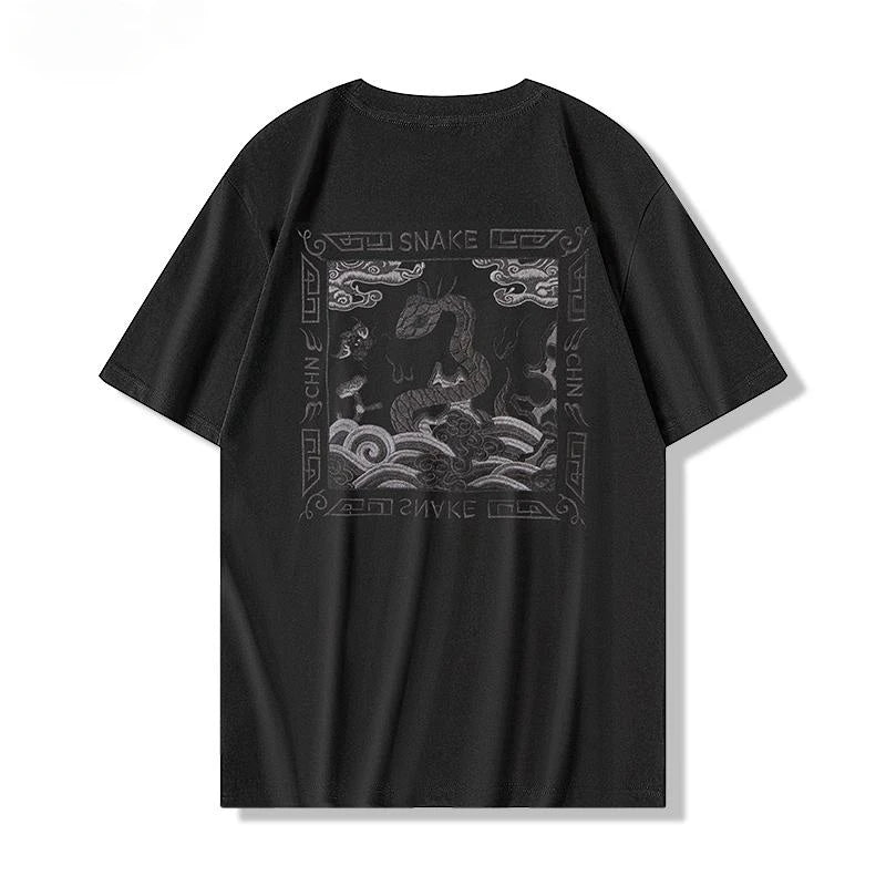 Embroidery T Shirt Men Snake Vintage T Shirt Women Chinese Graphic Tees Cotton Short Sleeve Casual Streetwear Harajuku Unisex
