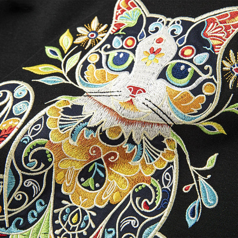 Harajuku T Shirt Men Cat Embroidery T Shirt Women Oversized Japanese Casual  Short Sleeve Cotton Tees High Quality Summer Tops
