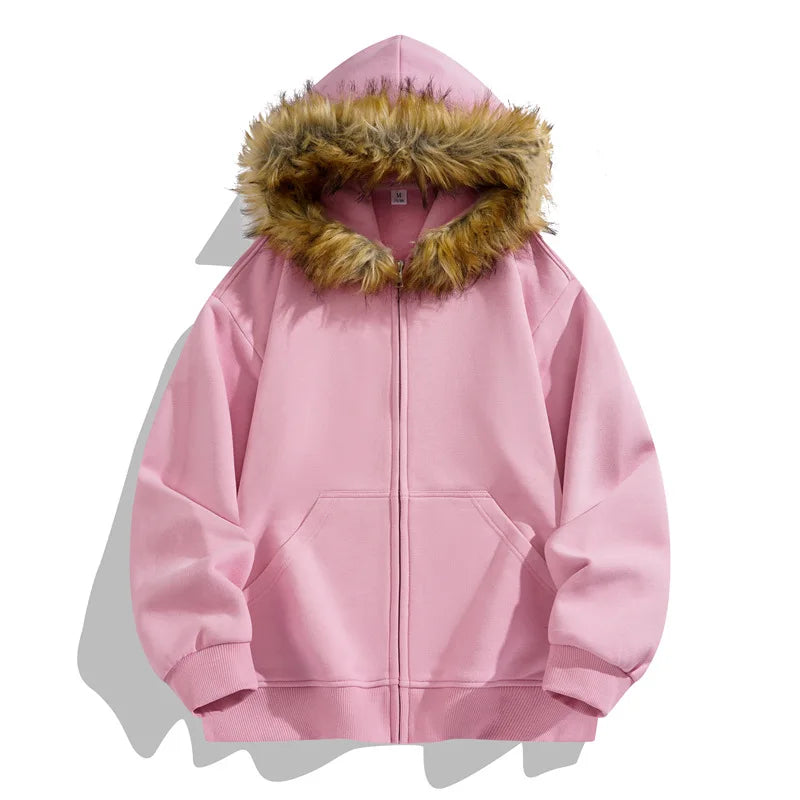 Hoodies Man Zip Up Fashion Vintage Sweatshirt Woman Oversize Fur Collar Solid Color Hoodies Couple Hoody Autumn Unisex Designer