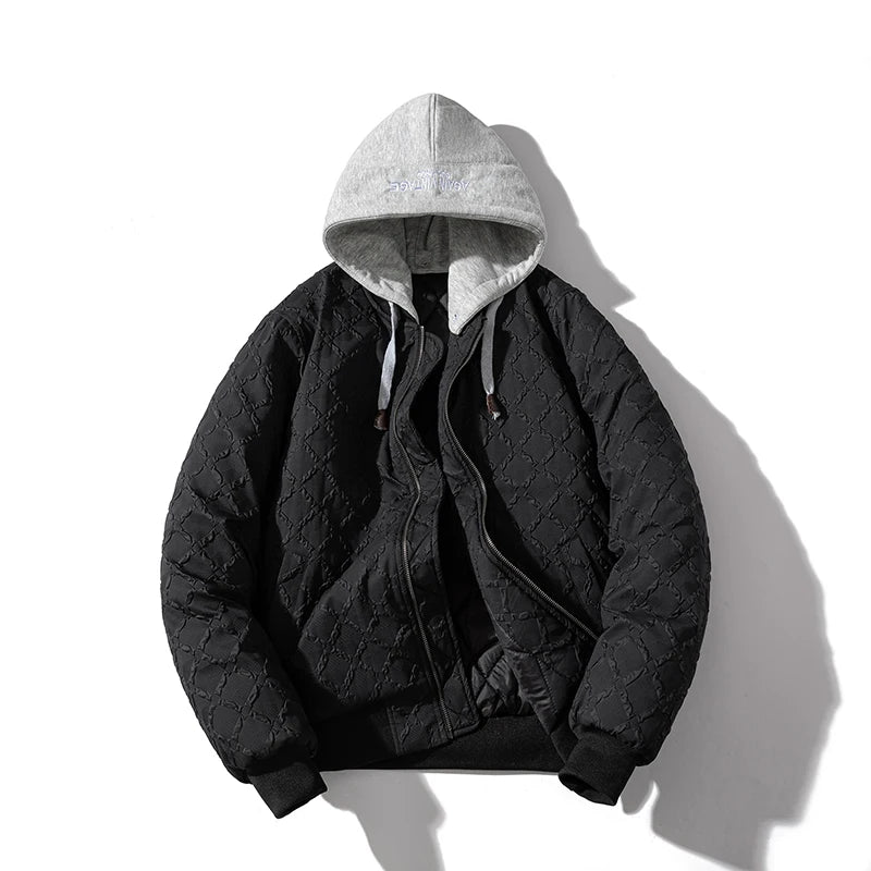 Men Bomber Jacket Women Winter Polit Basketball Jacket Hooded Solid Thick Jacquard American Couple Parkas Coat Unisex Streetwear