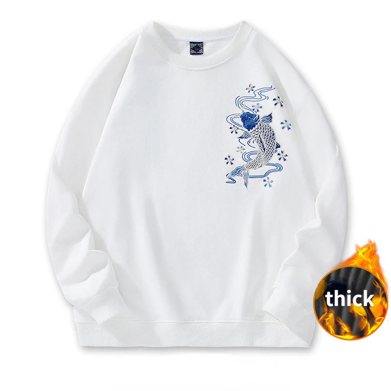 Mens Embroidery Hoodies Women Koi Carp Casual Harajuku Hoodies Japanese Crewneck Sweatshirt Cotton Fleece Pullover Couple Unisex
