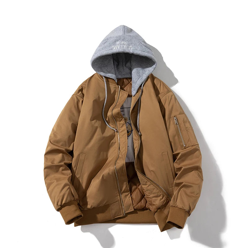 Autumn Winter Pilot Jacket Men Women Solid Bomber Jacket Vintage Fashion Casual Windbreaker Coat Hooded Couple Parkas Blue Khaki