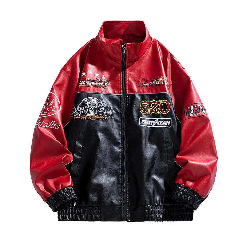 Leather Jacket Man Embroidery Letter Biker Jacket Men Fashion Racing Coat Baggy Loose Spring Autumn Windbreaker Outwear Red 2025