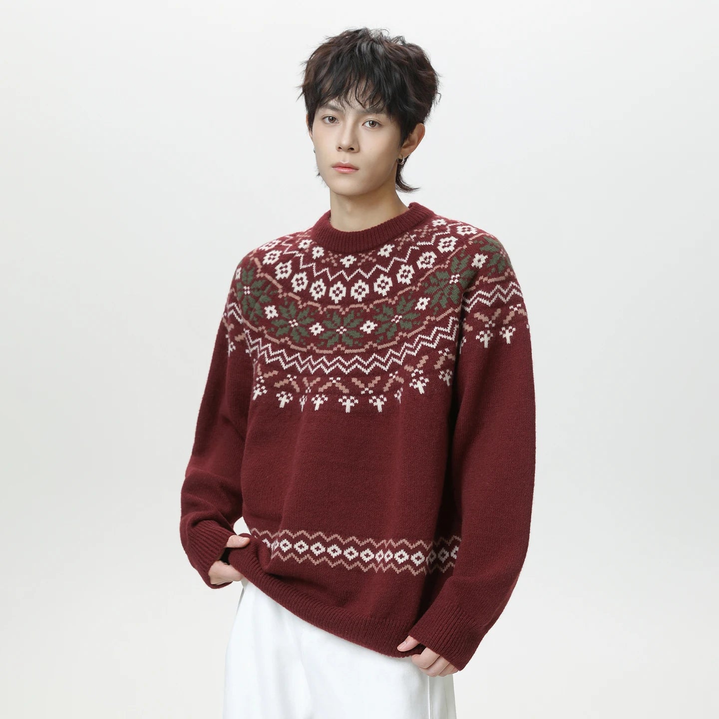 Knitted Sweater Man Vintage Jacquard Fashion Sweater Men Women Casual Knitwear Loose American Knit Sweater Couple Streetwear