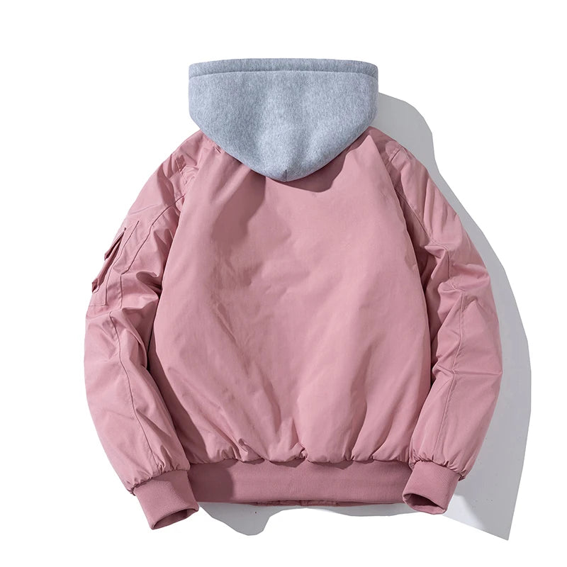 Men Bomber Jacket Autumn Winter Pilot Jacket Women Fashion Solid Baseball Coat Hooded Couple Windbreaker Pocket Streetwear Pink