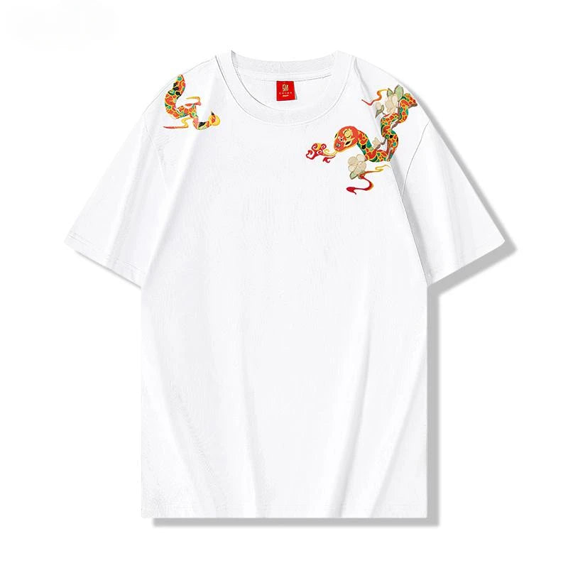 Men Embroidery T Shirt Snake Cotton Fashion T Shirts Oversize Short Sleeve Loose Chinese Tees High Quality Men Clothing Male Red