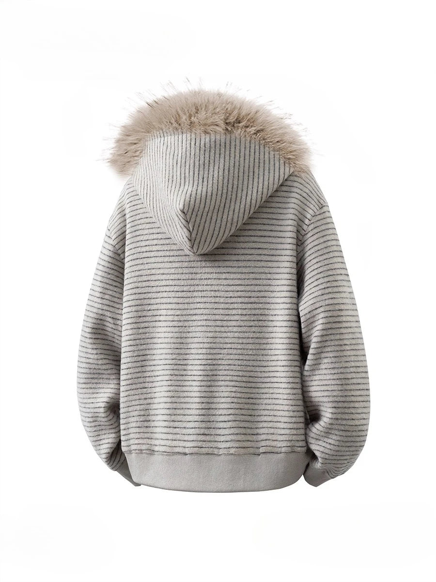 Zip Up Hoodie Man Stripe Hoodies Women Fashion Fur Collar Vintage Sweatshirt Hooded Zipper Coat Japanese Designer Harajuku 2025