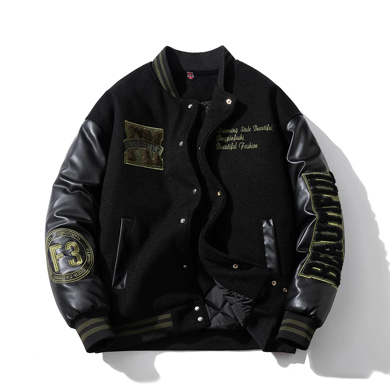Winter Varsity Jacket Man Leather Sleeves Letter Embroidery Jacket Racing Motorcycle Woolen Coat Button Thick Warm Cool Original
