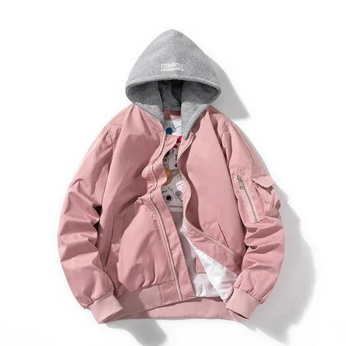 Men Women Bomber Jacket Fashion Autumn Winter Pilot Jacket Solid Vintage Baseball Coat Hooded Couple Windbreaker Pocket Pink