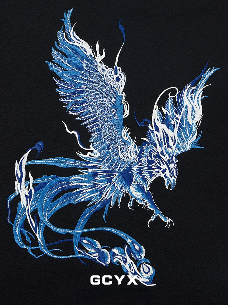 Men Embroidery Hoodies Pullover Phoenix Harajuku Crewneck Sweatshirt Women Cotton Chinese Fashion Streetwear Vintage Hoodies