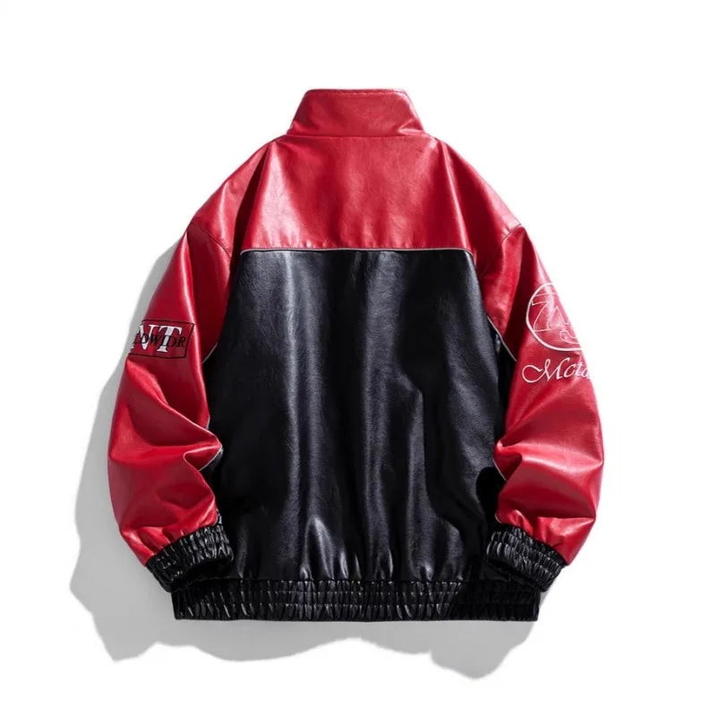 Leather Jacket Man Embroidery Letter Biker Jacket Men Fashion Racing Coat Baggy Loose Spring Autumn Windbreaker Outwear Red 2025