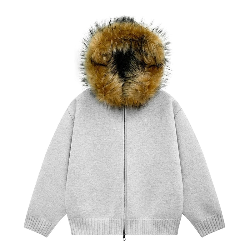 Man Cardigan Jacket Fur Collar Hooded Hooded Sweater Coat Women Fashion Knitted Sweater Casual Harajuku Zipper Couple Japanese