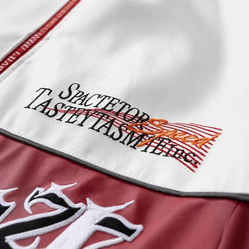 Leather Jacket Man Embroidery Letter Biker Jacket Men Fashion Racing Coat Baggy Loose Spring Autumn Windbreaker Outwear Red 2025