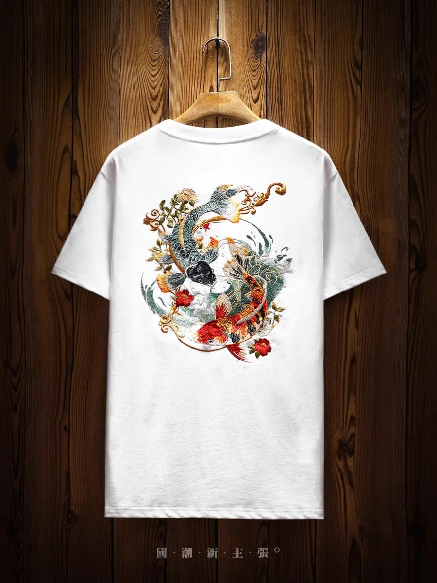 Mens Summer T Shirts Chinese Carp Embroidery T Shirt Men Vintage Graphic Tees Harajuku Cotton Casual Short Sleeve High Quality