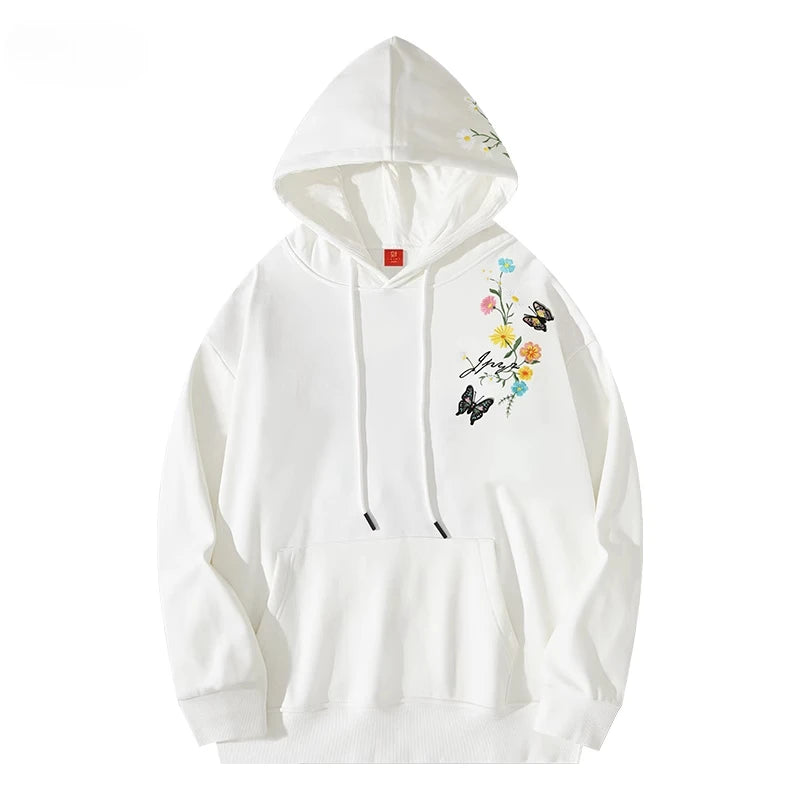 Casual Harajuku Hoodies Man Daisy Butterfly Embroidery Hoodies Women Oversize Hooded Sweatshirts Loose Couple Hoody Pullover