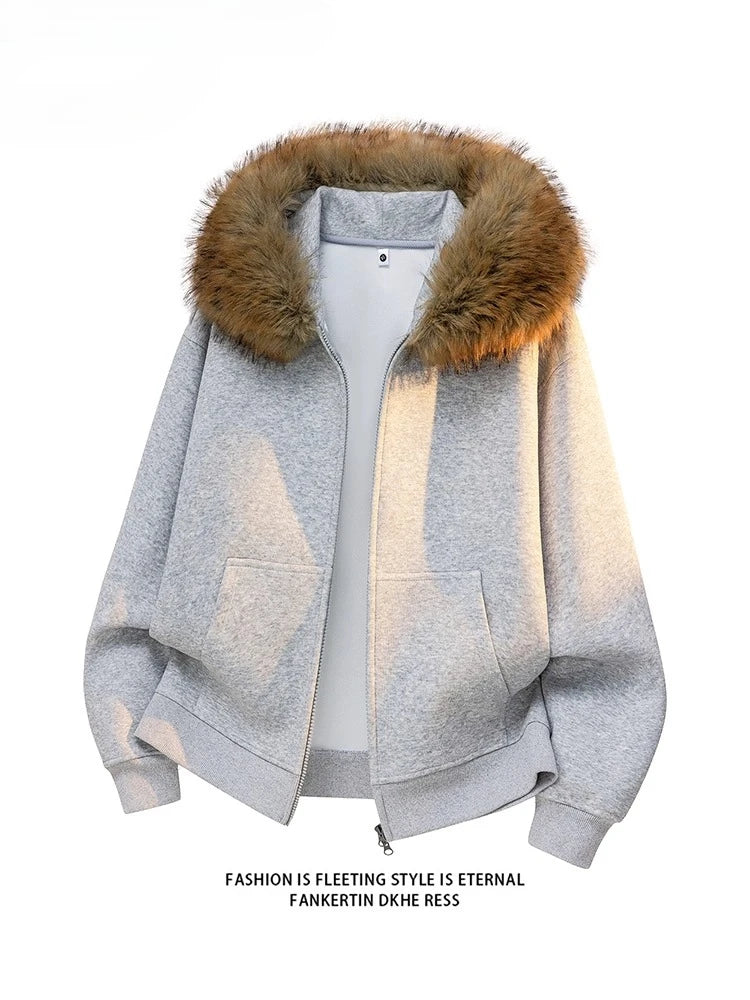 Fashion Hooded Sweatshirt Man Plus Size Fur Collar Casual Sweatshirt Women Zipper Solid Loose Oversize Designer Hoodies 5XL 6XL