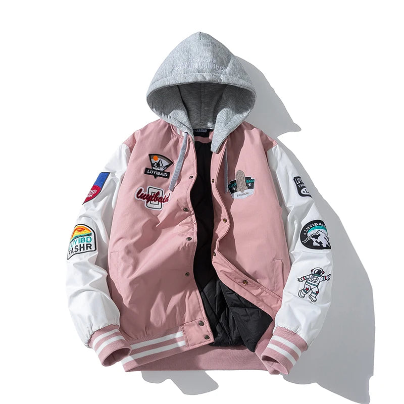 Autumn Winter Varsity Jacket Men Fashion Baseball Jacket Women Embroidery Letter American Coat College Streetwear Button Pink