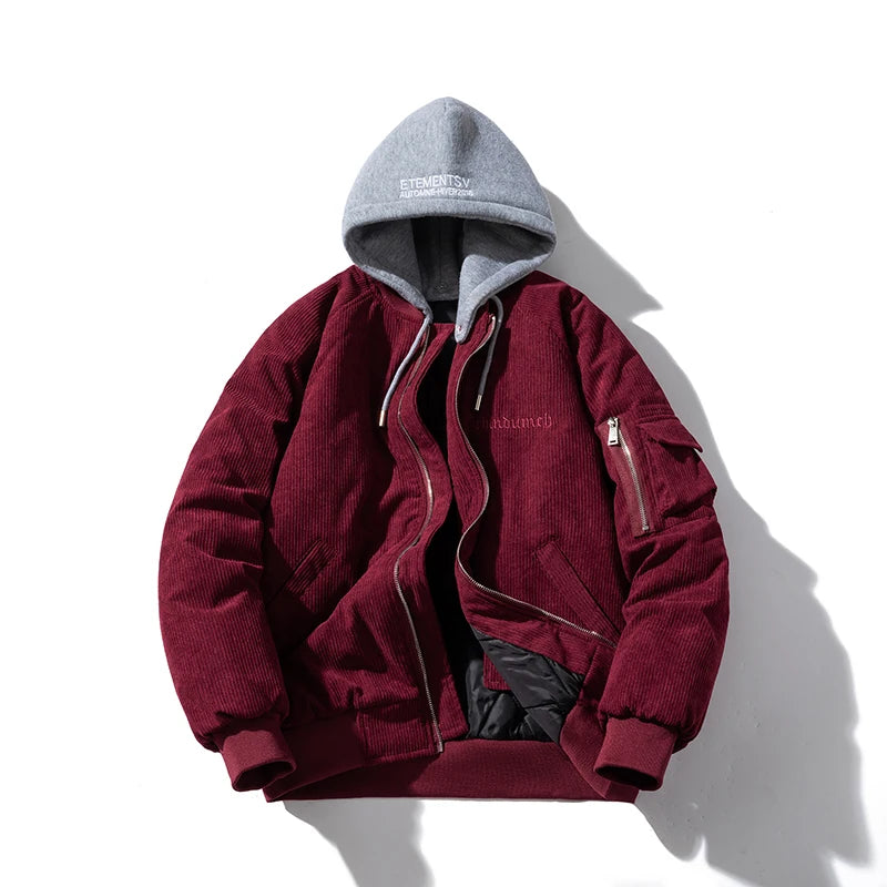 Fashion Bomber Jacket Man Vintage Letter Embroidery Pilot Jacket Women Solid Cotton Corduroy Autumn Winter Coat Hooded Designer