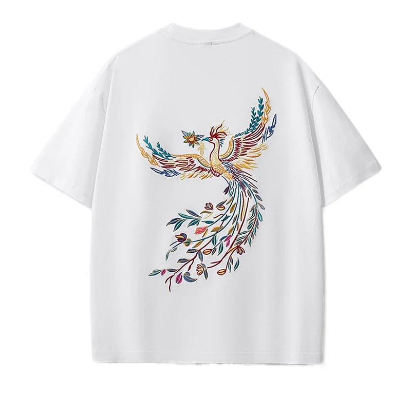 Embroidery T Shirt Men Phoenix Vintage Graphic Tees Harajuku Cotton Short Sleeve Chinese Hip Hop T Shirt Women Summer Fashion