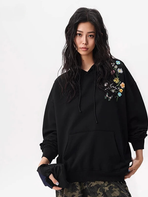 Casual Harajuku Hoodies Man Daisy Butterfly Embroidery Hoodies Women Oversize Hooded Sweatshirts Loose Couple Hoody Pullover
