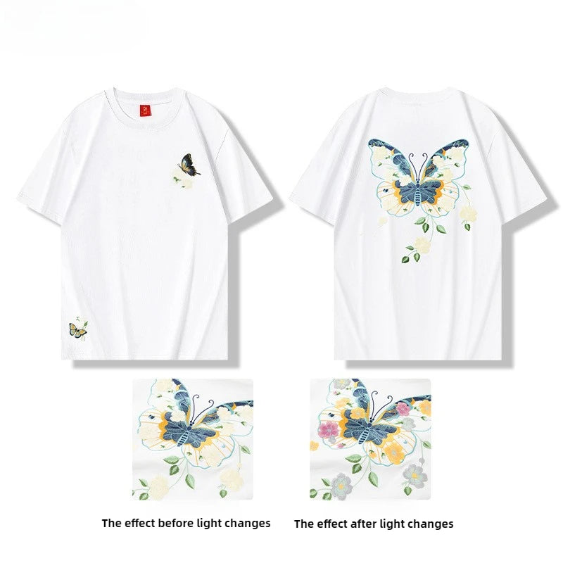 Men Embroidery T Shirt Flower Butterfly Graphic T Shirts Women Fashion Streetwear Designer Tees Cotton O Neck High Street 2025