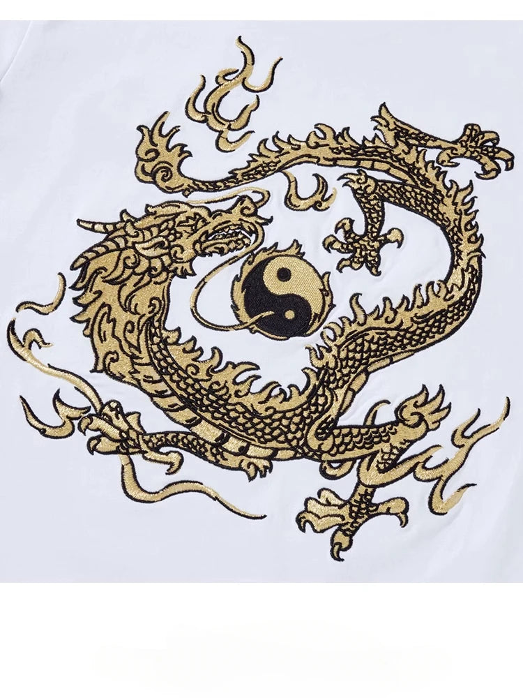 Embroidery T Shirt Men Gold Dragon Graphic T Shirts Man Vintage Hip Hop Chinese Tees Short Sleeve Cotton Casual Summer Tops Male